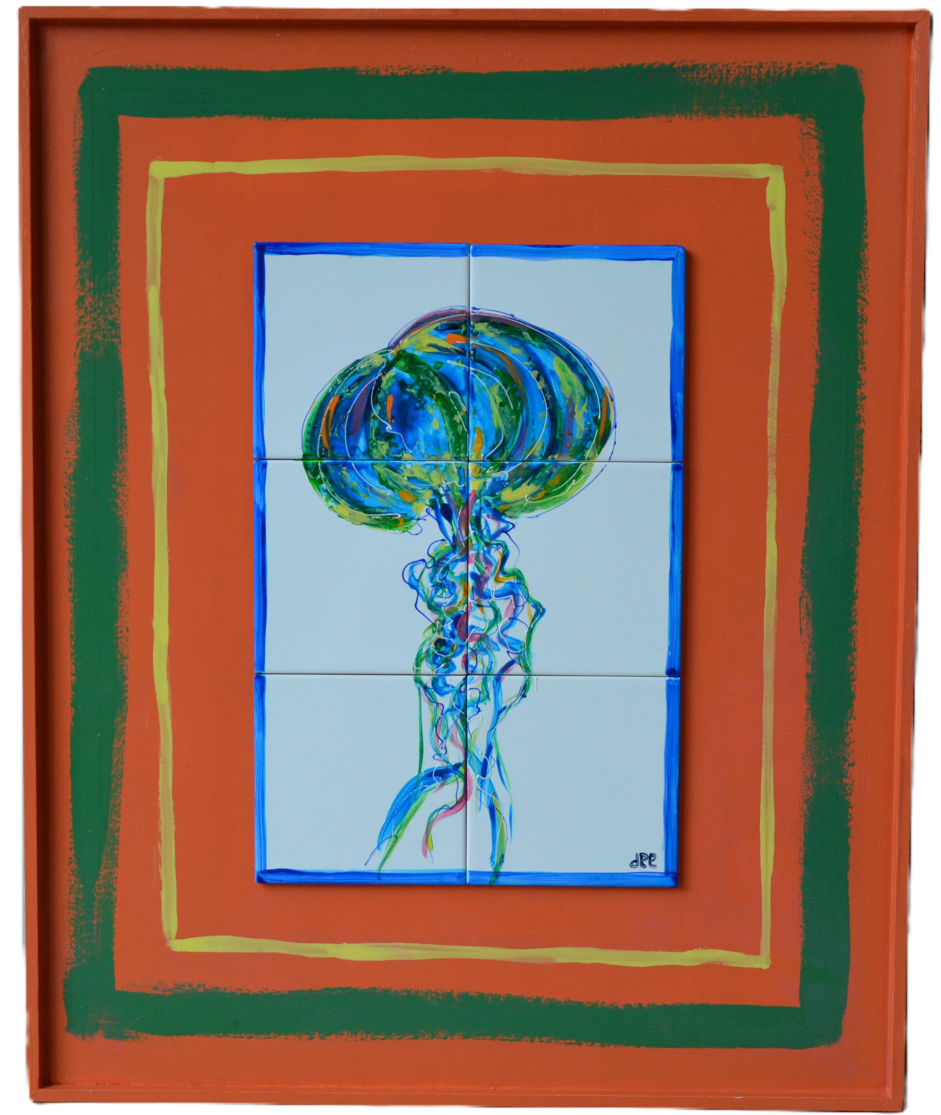 Tegeltableau jelly fish ofwel kwal handbeschilderde tegeltjes afgebakken in oven keukendecoratie wanddecoratie keukendesign interieur kleurrijkwonen. tegeltableaus, tegelkunst, tegeltjekunst, wandtegels, handbeschilderde tegels.