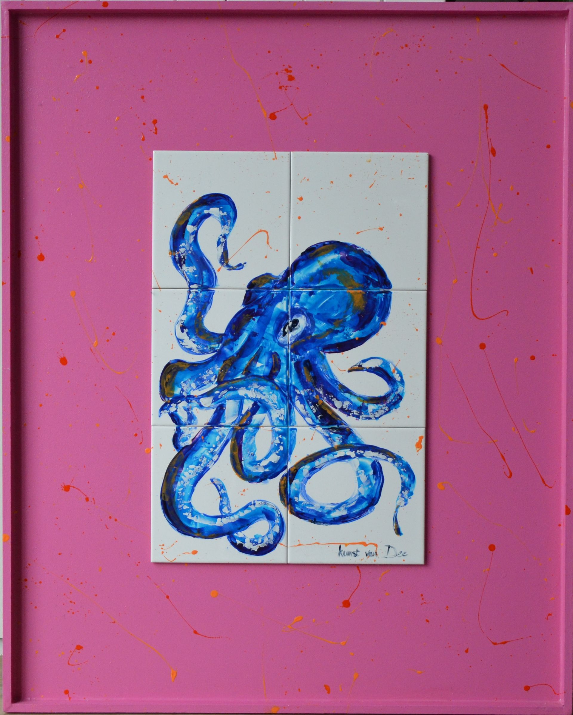 Tegeltableau octopus  handbeschilderde tegeltjes afgebakken in oven keukendecoratie wanddecoratie keukendesign interieur kleurrijkwonen. tegeltableaus, tegelkunst, tegeltjekunst, wandtegels, handbeschilderde tegels. 