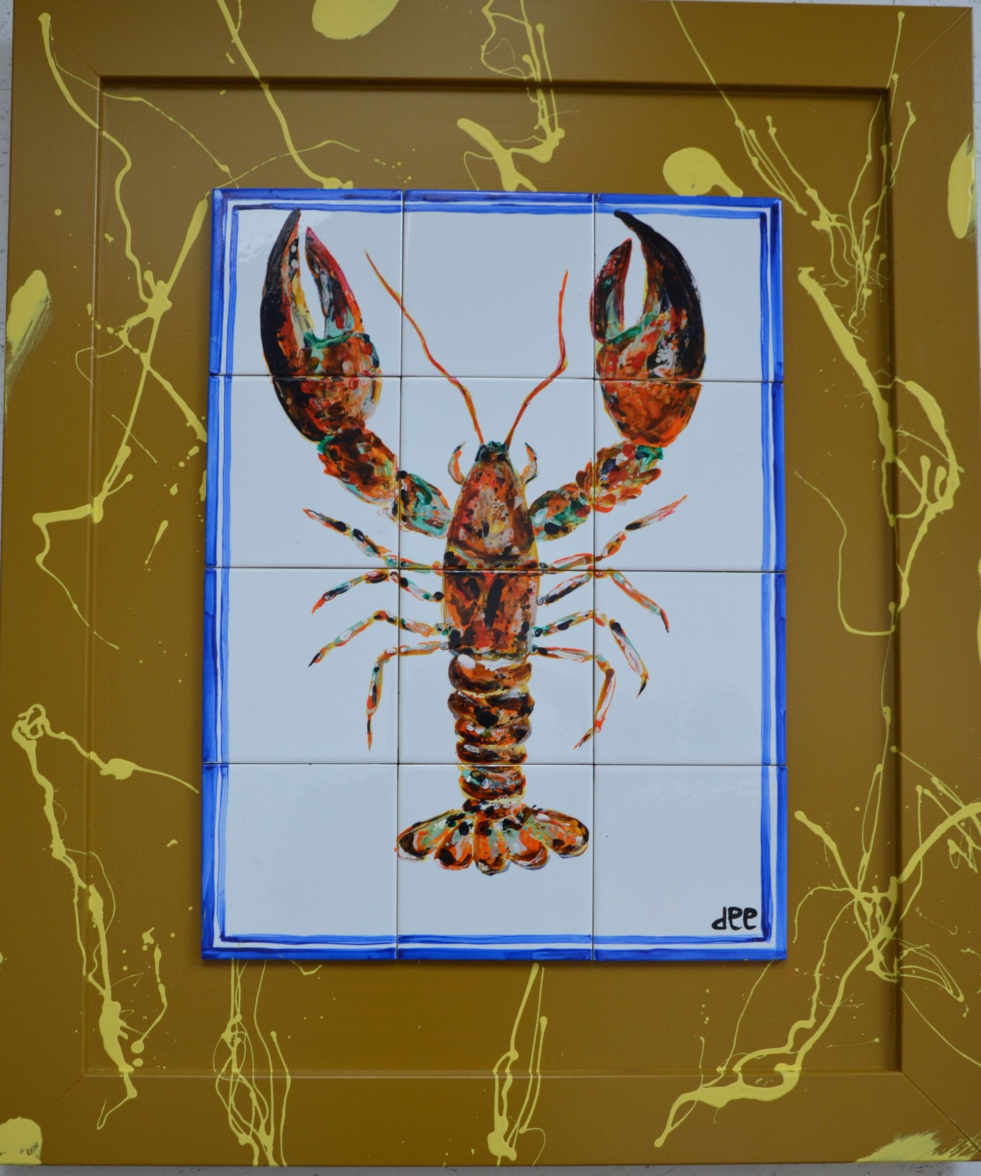 Tegeltableau mediterraanse kreeft tegelkunst. handbeschilderde tegeltjes afgebakken in oven keukendecoratie wanddecoratie keukendesign interieur kleurrijkwonen. tegeltableaus, tegelkunst, tegeltjekunst, wandtegels, handbeschilderde tegels. 