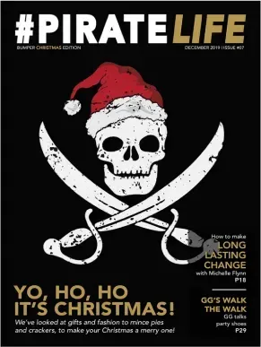 A pirate life magazine cover with a skull wearing a santa hat and crossed swords