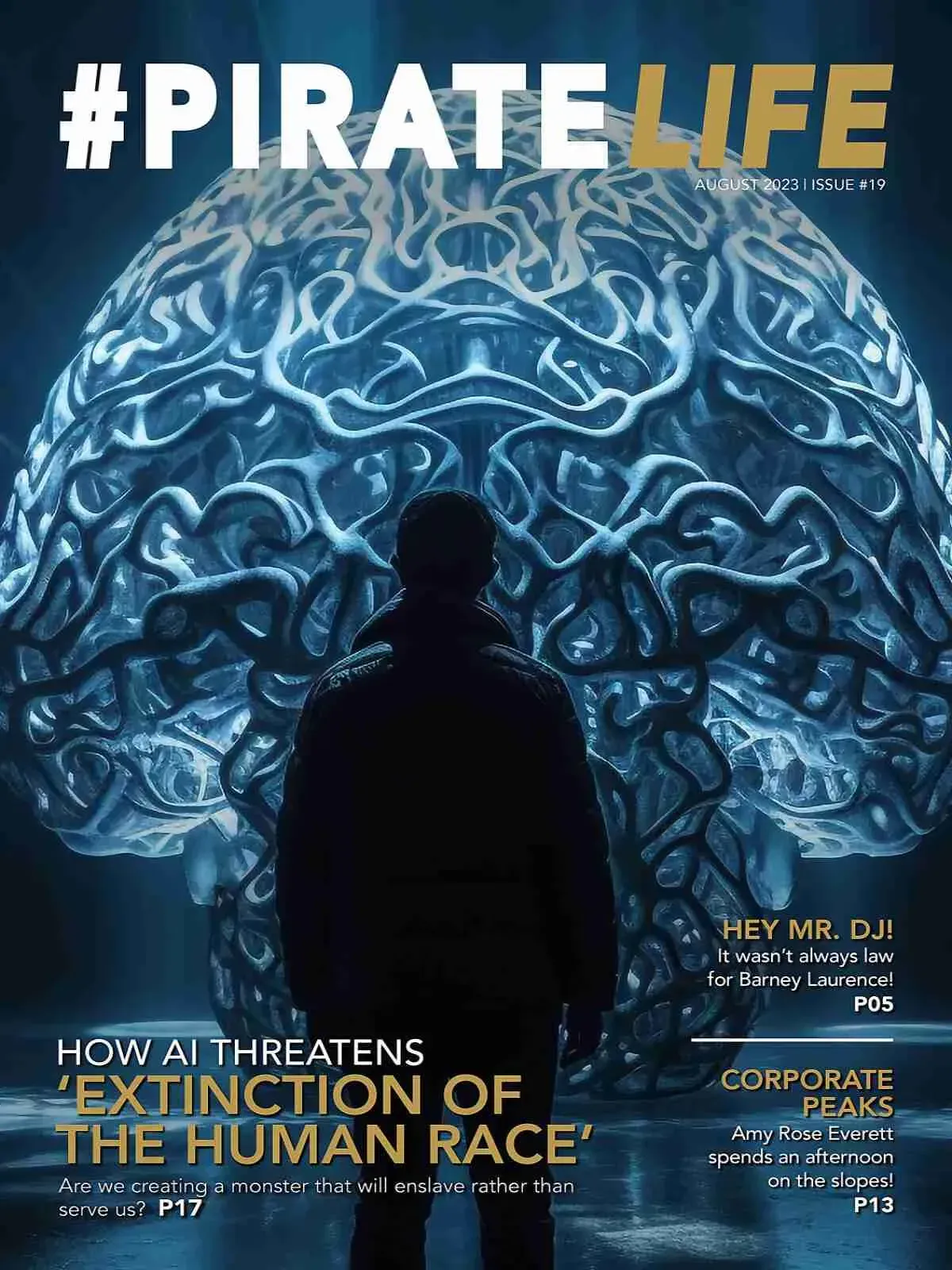 A man is standing in front of a brain on the cover of a magazine.