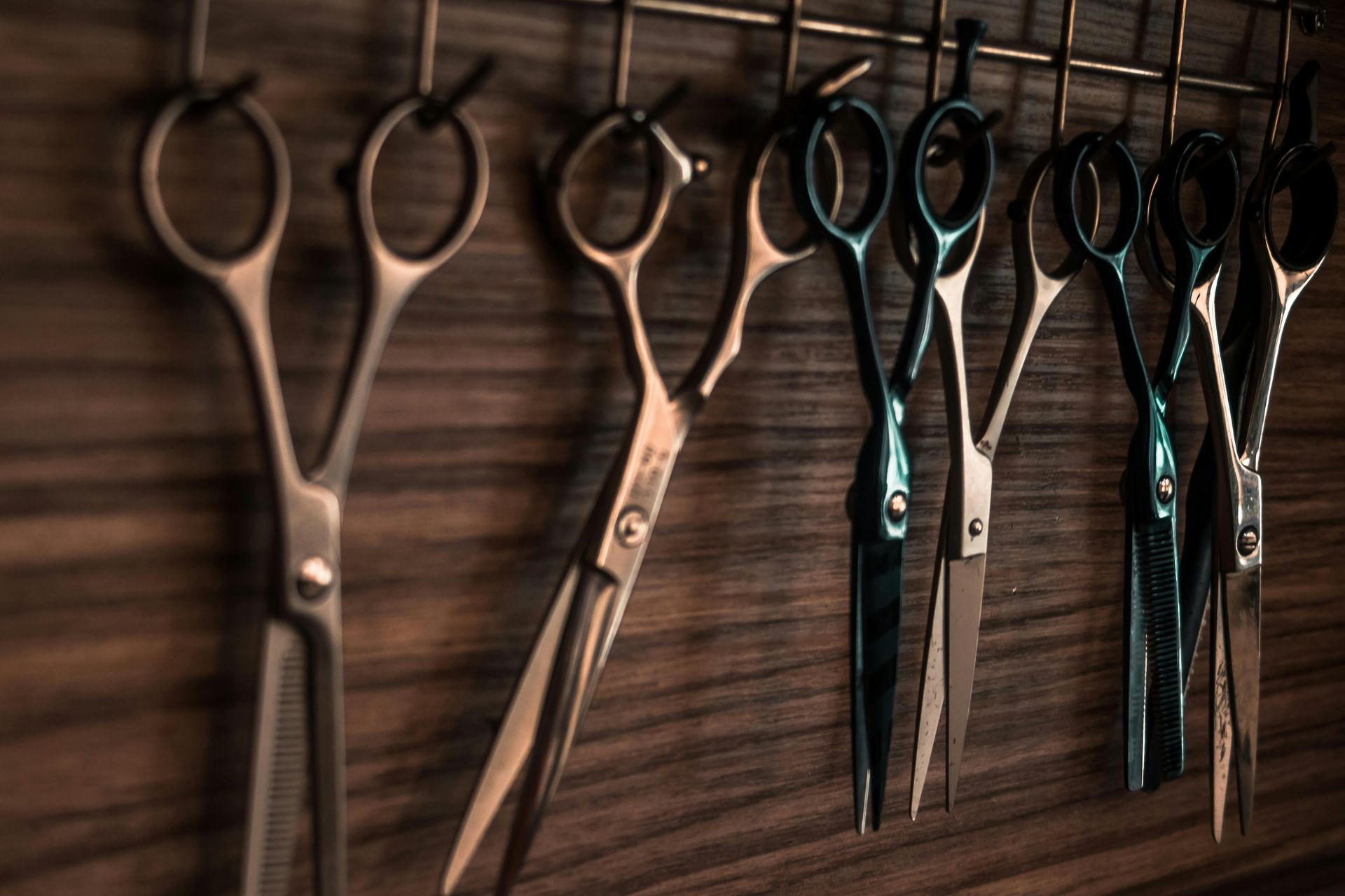 Scissors hanging on a wooden wall.
