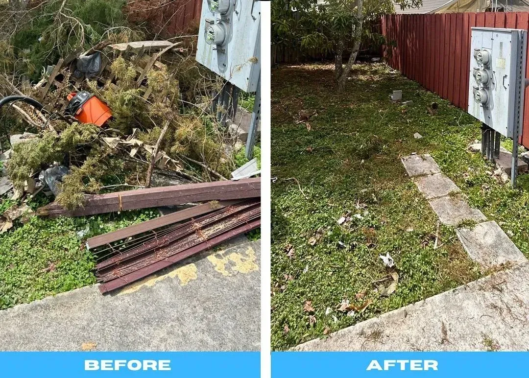 Before and after images of a yard cleanup. The left side shows debris; the right side is clean with a brick path.