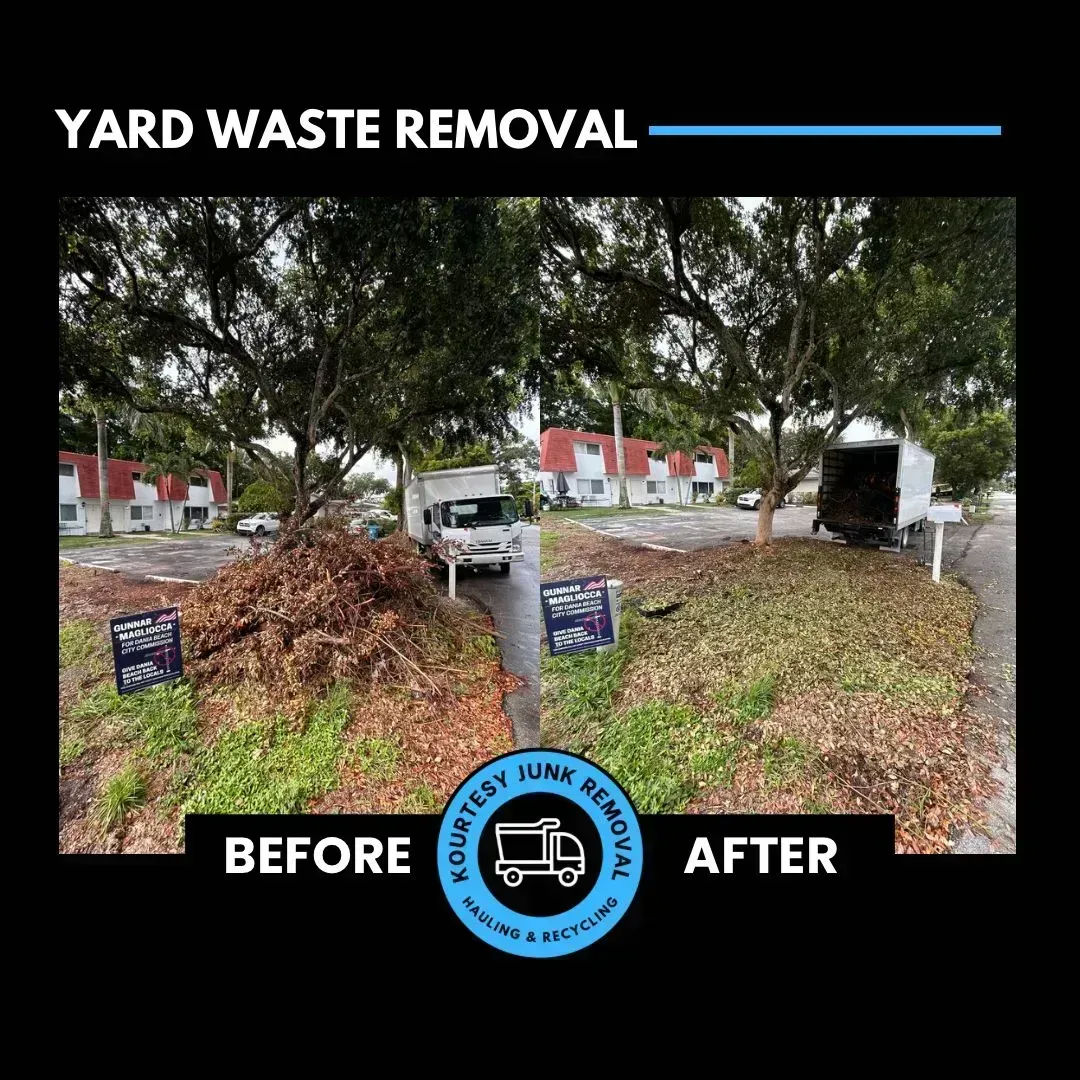 Yard waste removal: Before and after. A pile of yard waste removed, with truck in view.