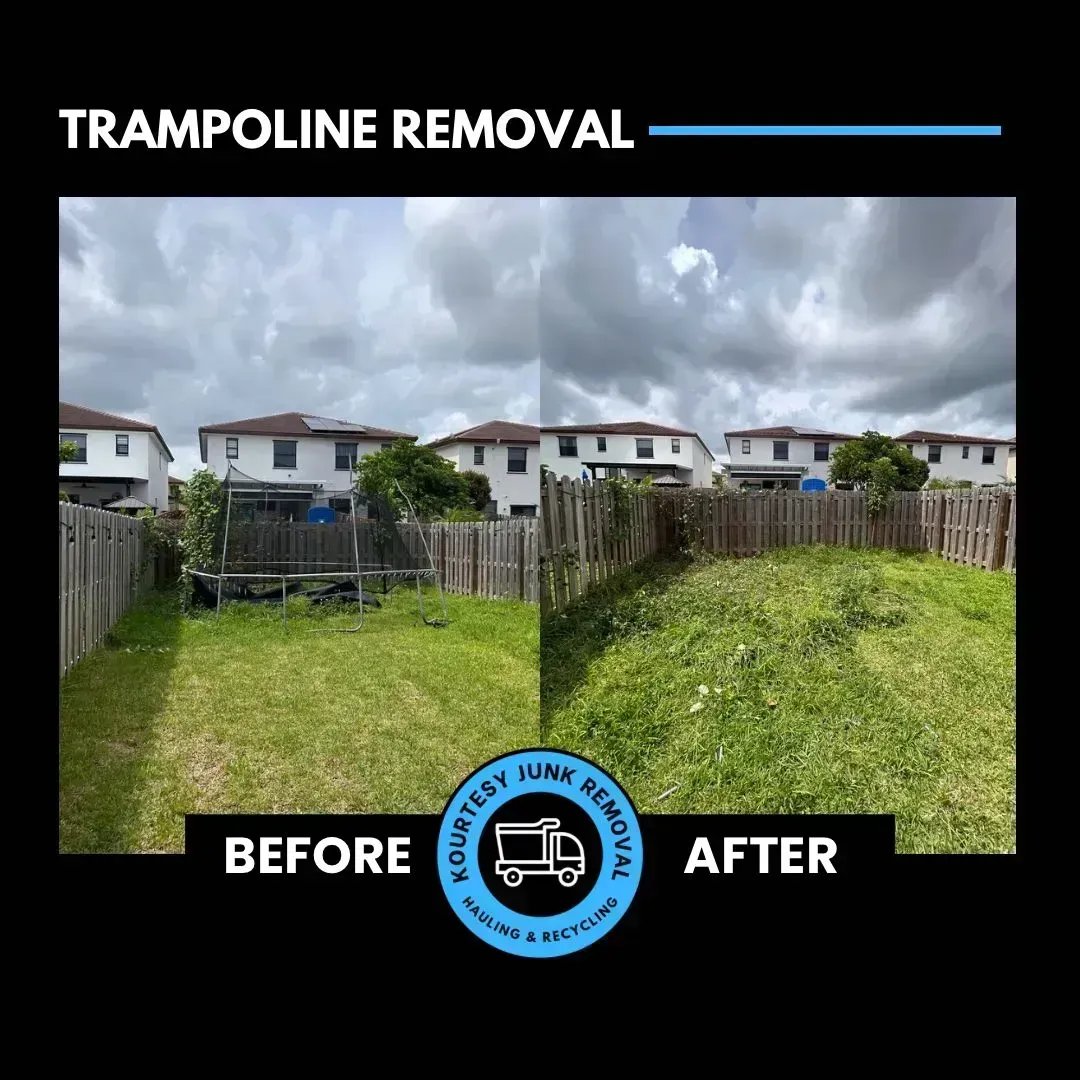 Before and after of a backyard showing trampoline removal. Green grass and wooden fence.