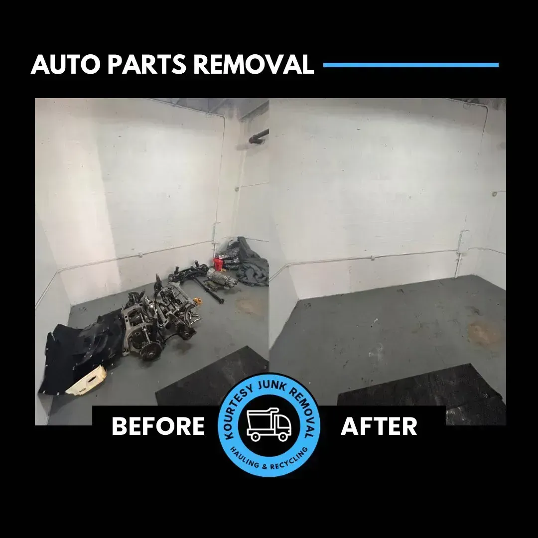 Comparison of a room before and after auto parts removal, showing debris cleared.