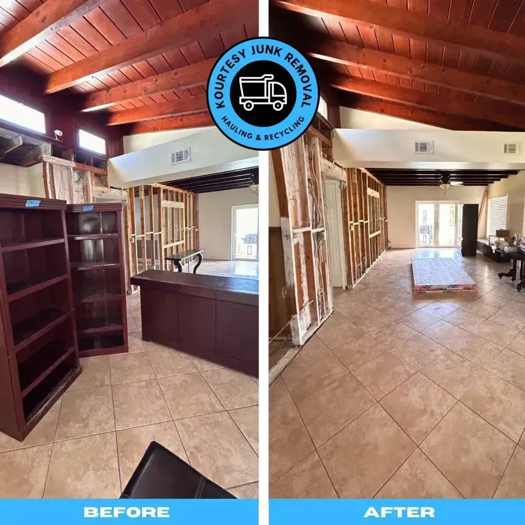 Before and after view of a room being renovated; walls are exposed, furniture removed.