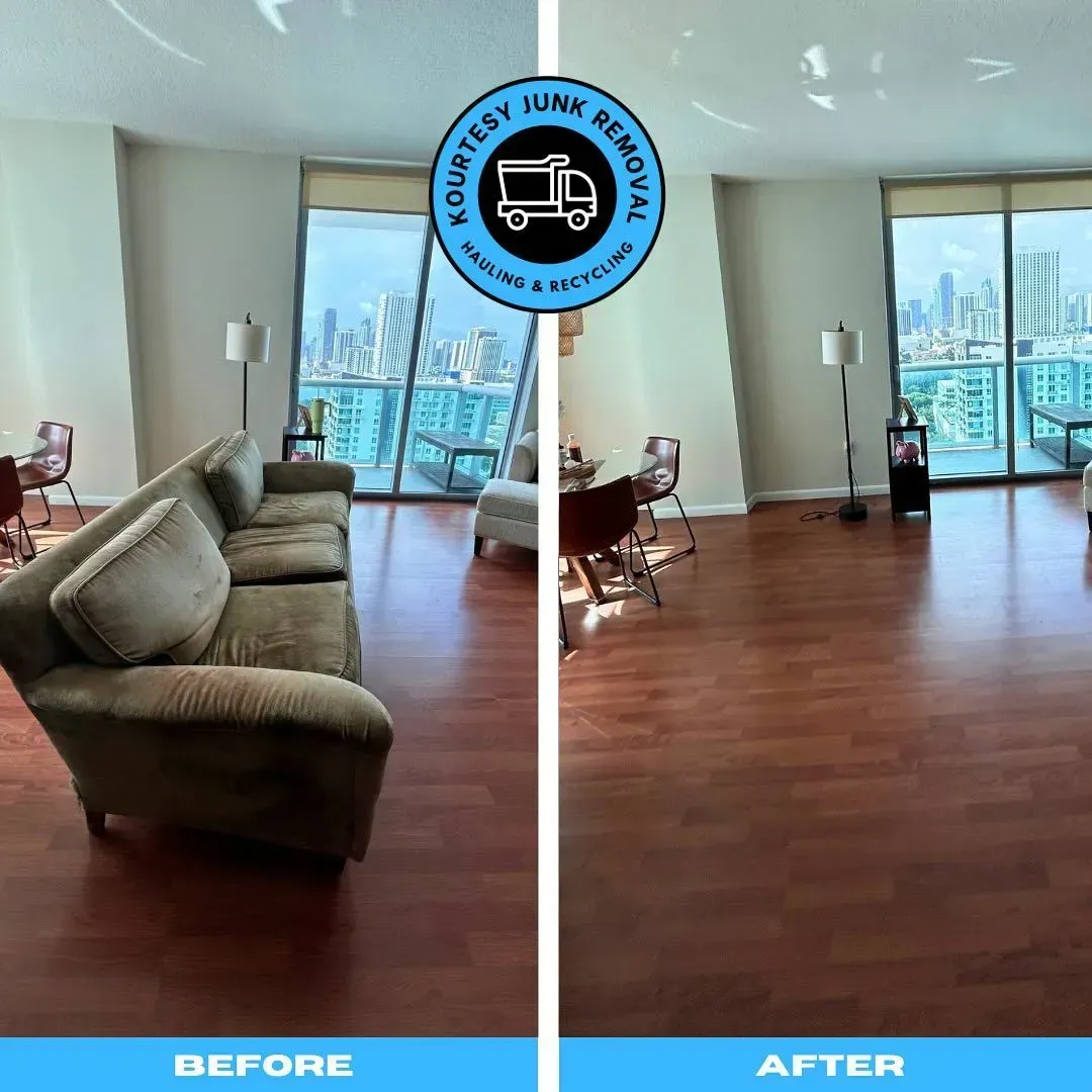 Before and after photo of a living room. Shows removal of couch and furniture, revealing clean floors and cityscape view.