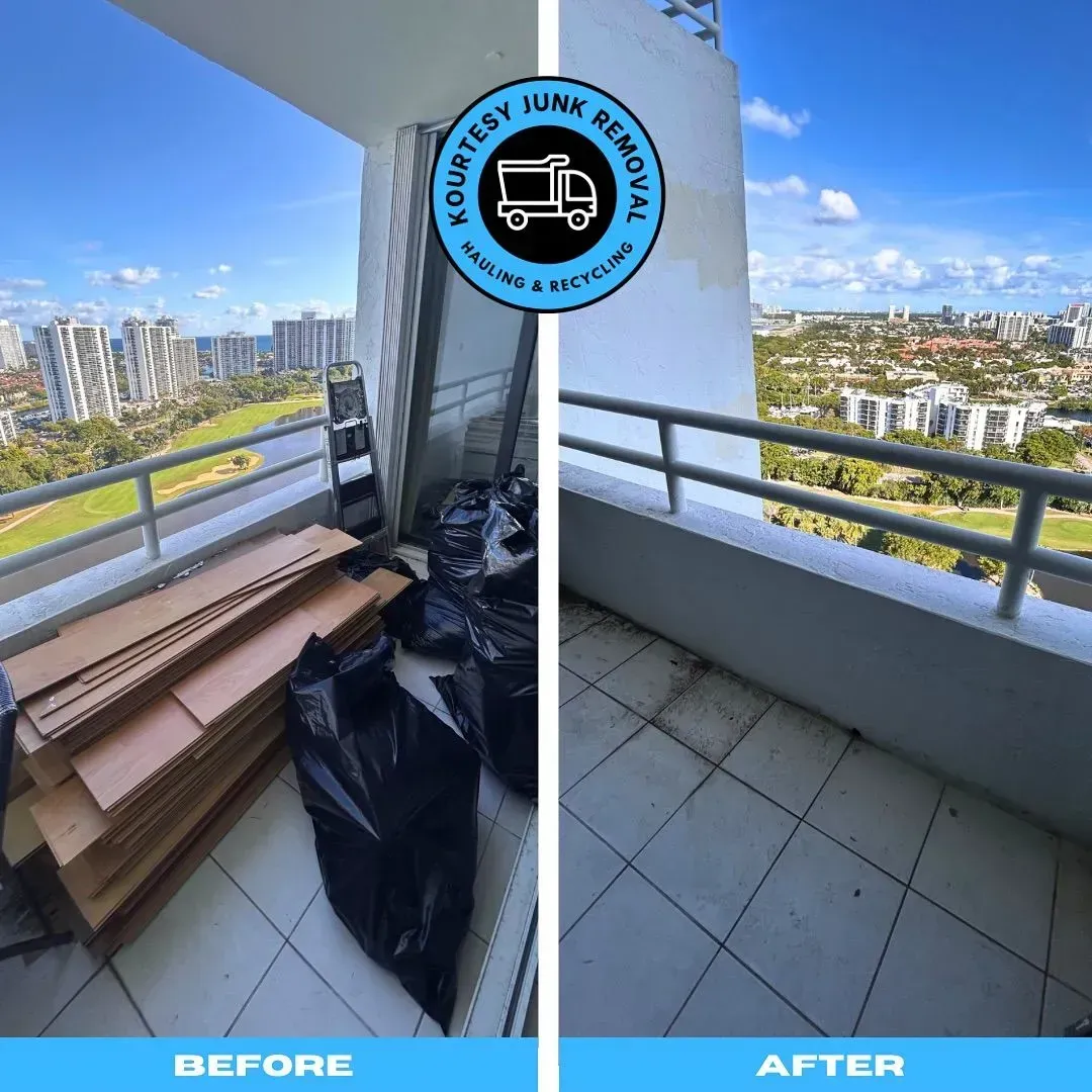 Before/after of a balcony: piles of junk removed, revealing a clean, spacious area with a city view.