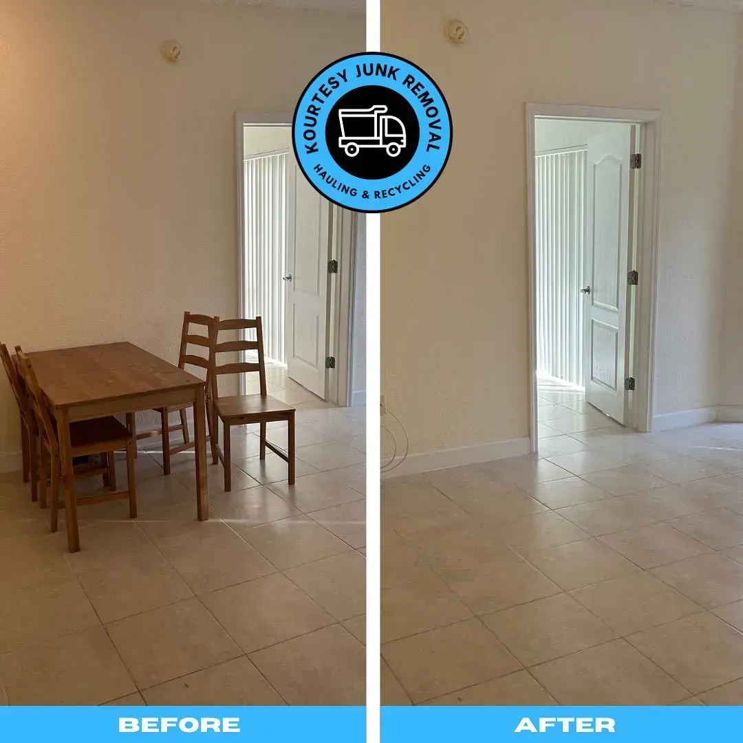 Before and after comparison of a room with a table and chairs, then empty.