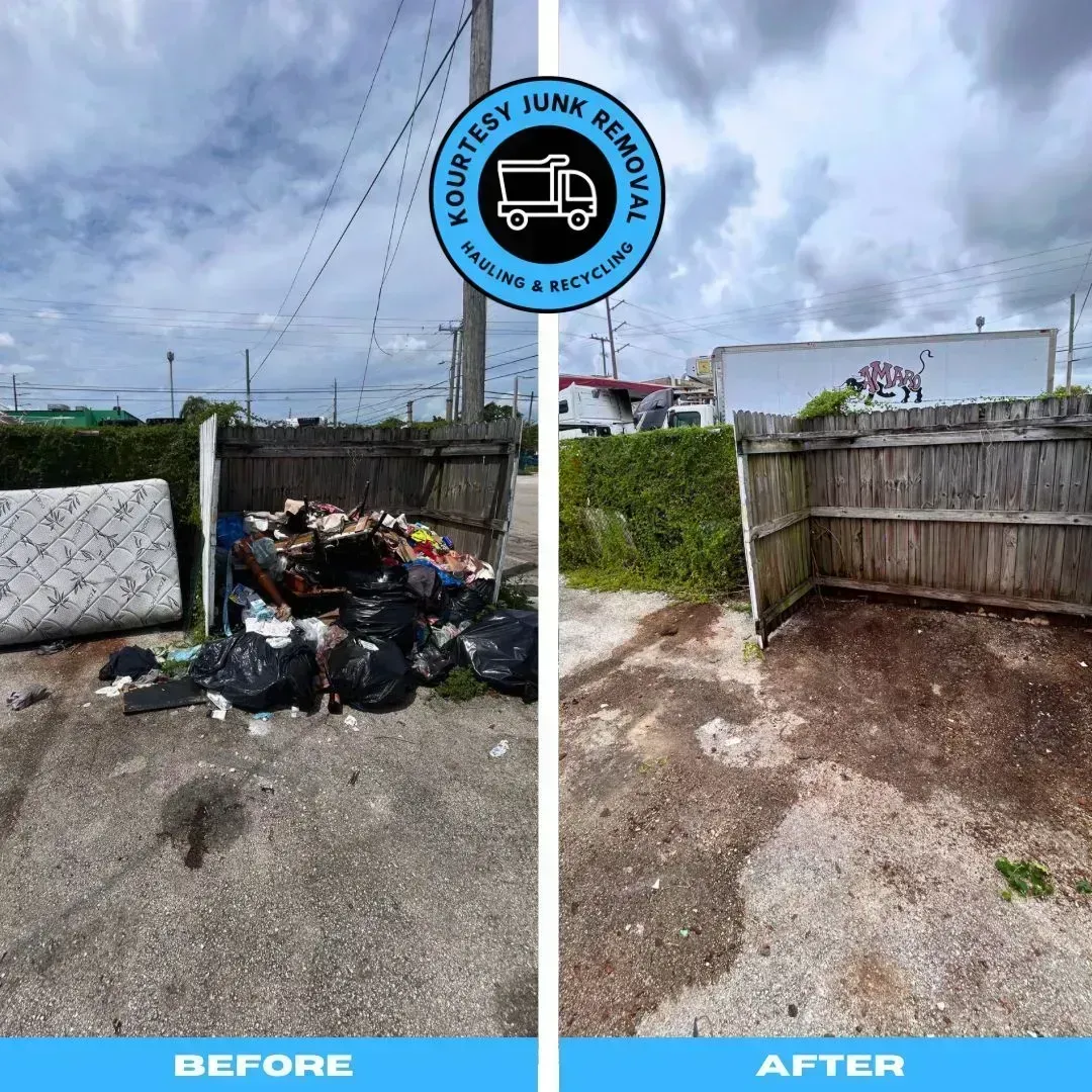 Before/after showing junk removal. Cluttered area with trash and mattress transforms to a clean space.