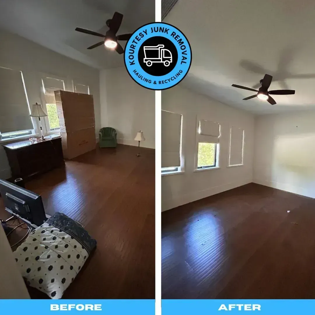 Room before and after junk removal, showing empty, clean space. Dark floors, white walls, ceiling fan.