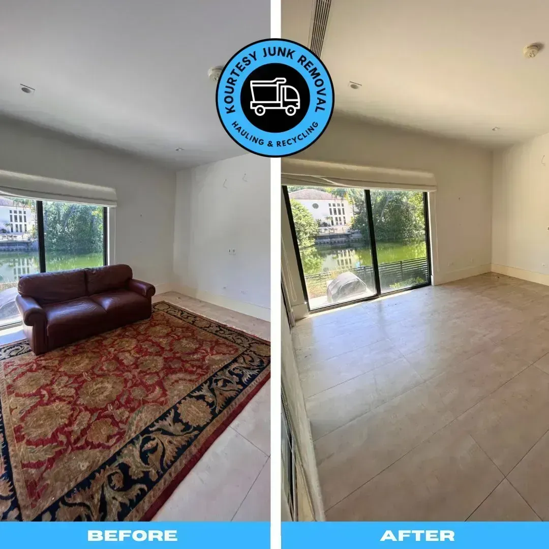 Before and after comparison of a room. Left: room with red rug and sofa. Right: Empty room with floor and window.