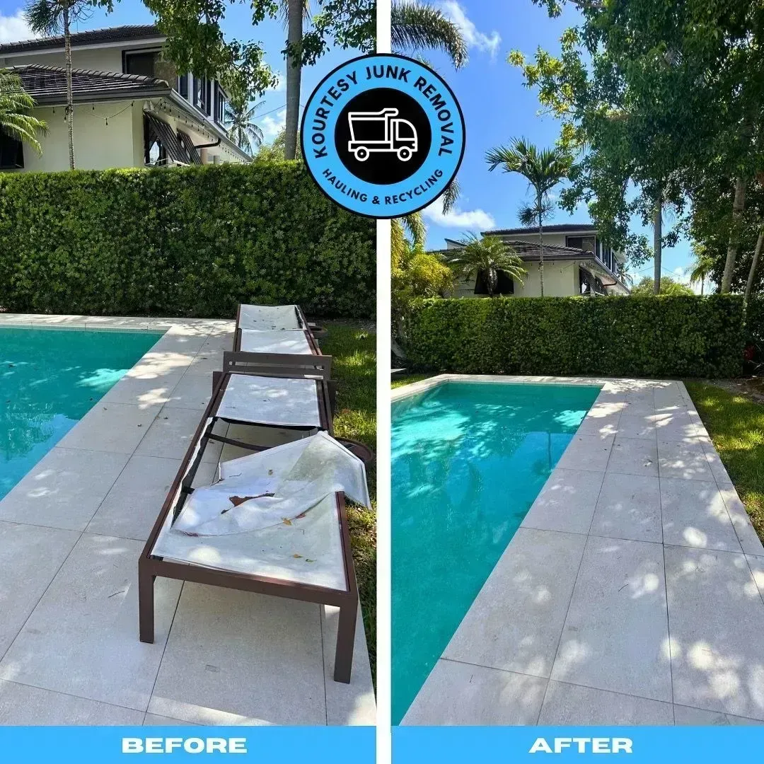 Before and after of a pool area. Lounge chairs replaced by clean area next to a pool.