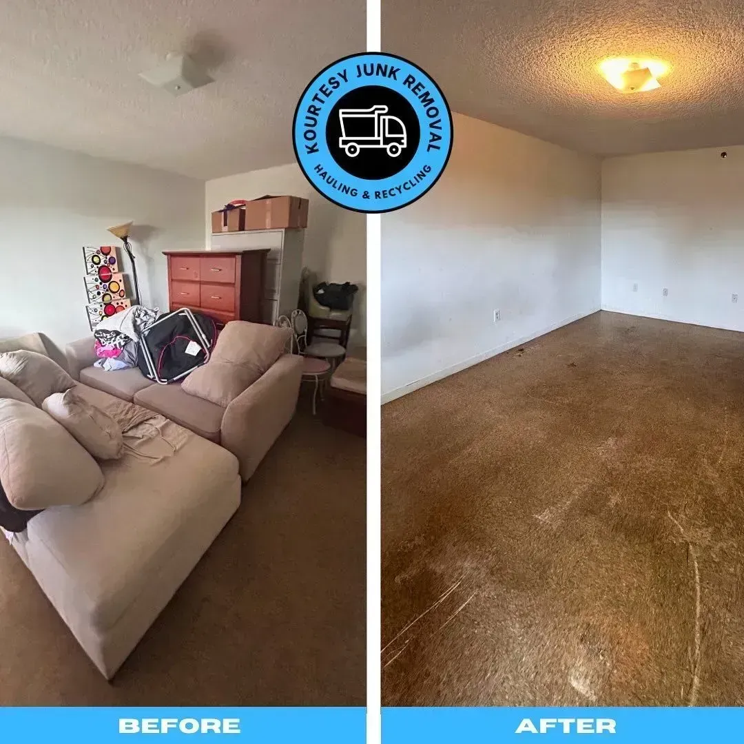 Living room before and after junk removal. Before shows furniture, boxes. After shows empty room.