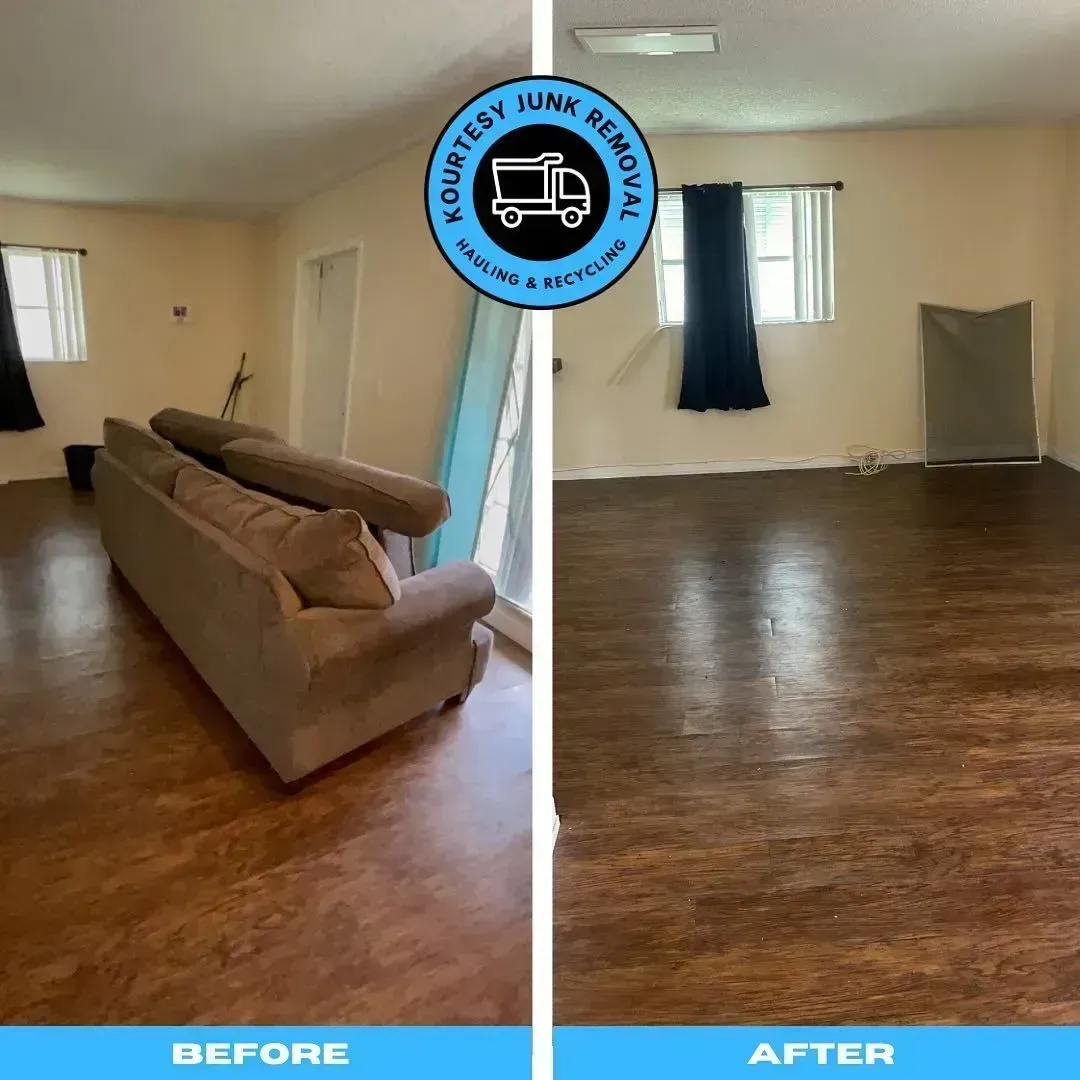 Before and after of a room: a tan sofa sits in a room with dark wood flooring. After, the room is empty.