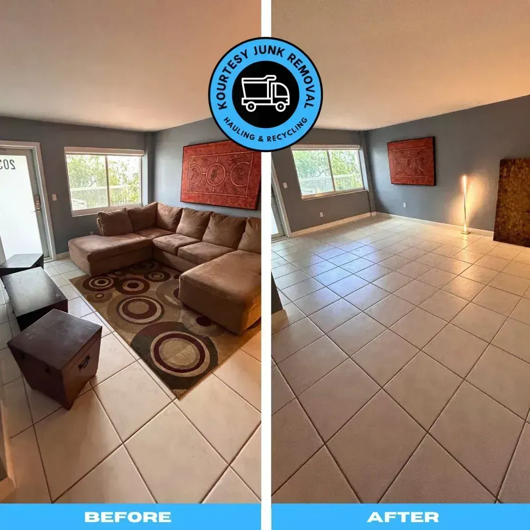 Before-and-after of a living room. Before: furnished, tan sofa. After: empty room with tile floor. Blue, white, and red artwork.