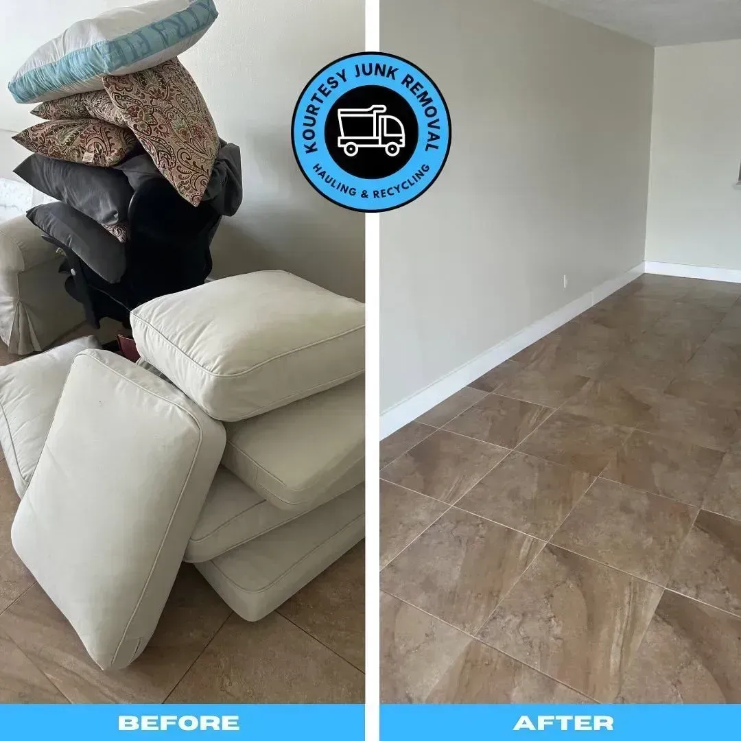 Before-and-after of a room: a pile of cushions versus an empty room with tile flooring.