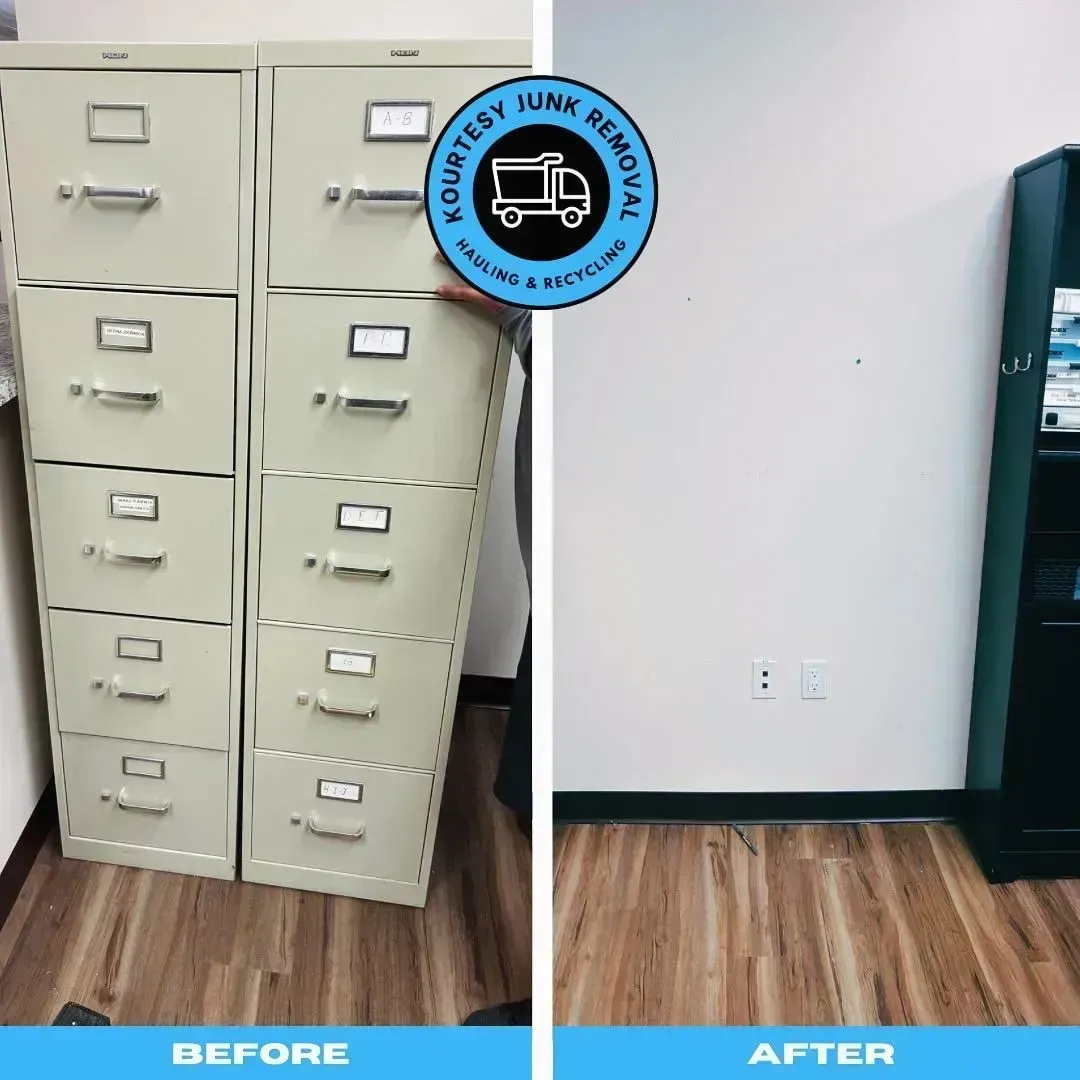Before and after photo of a room; file cabinets are removed, leaving a white wall and wood floor.
