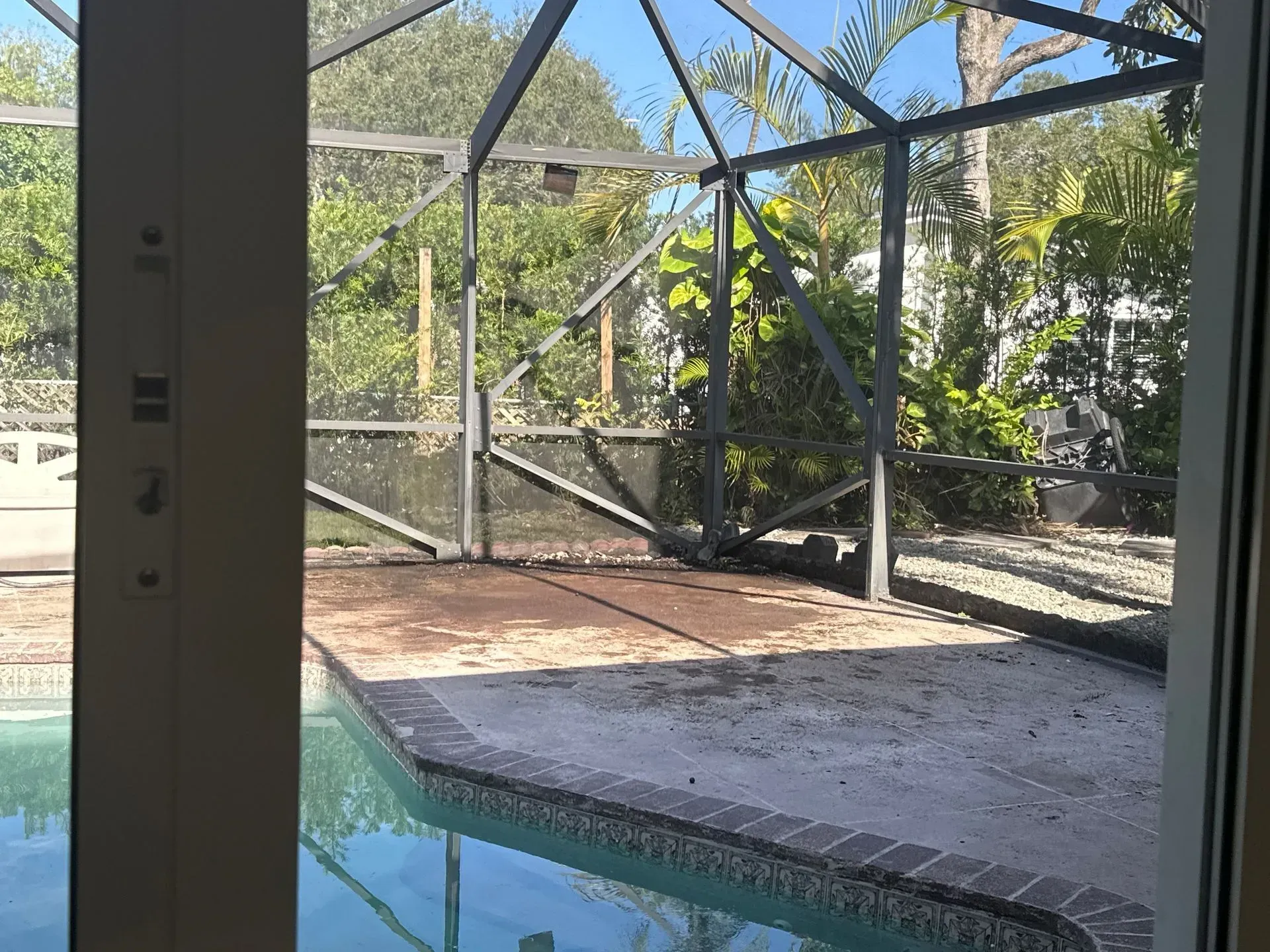 View from a doorway: pool, screened patio, and foliage in bright sunlight.