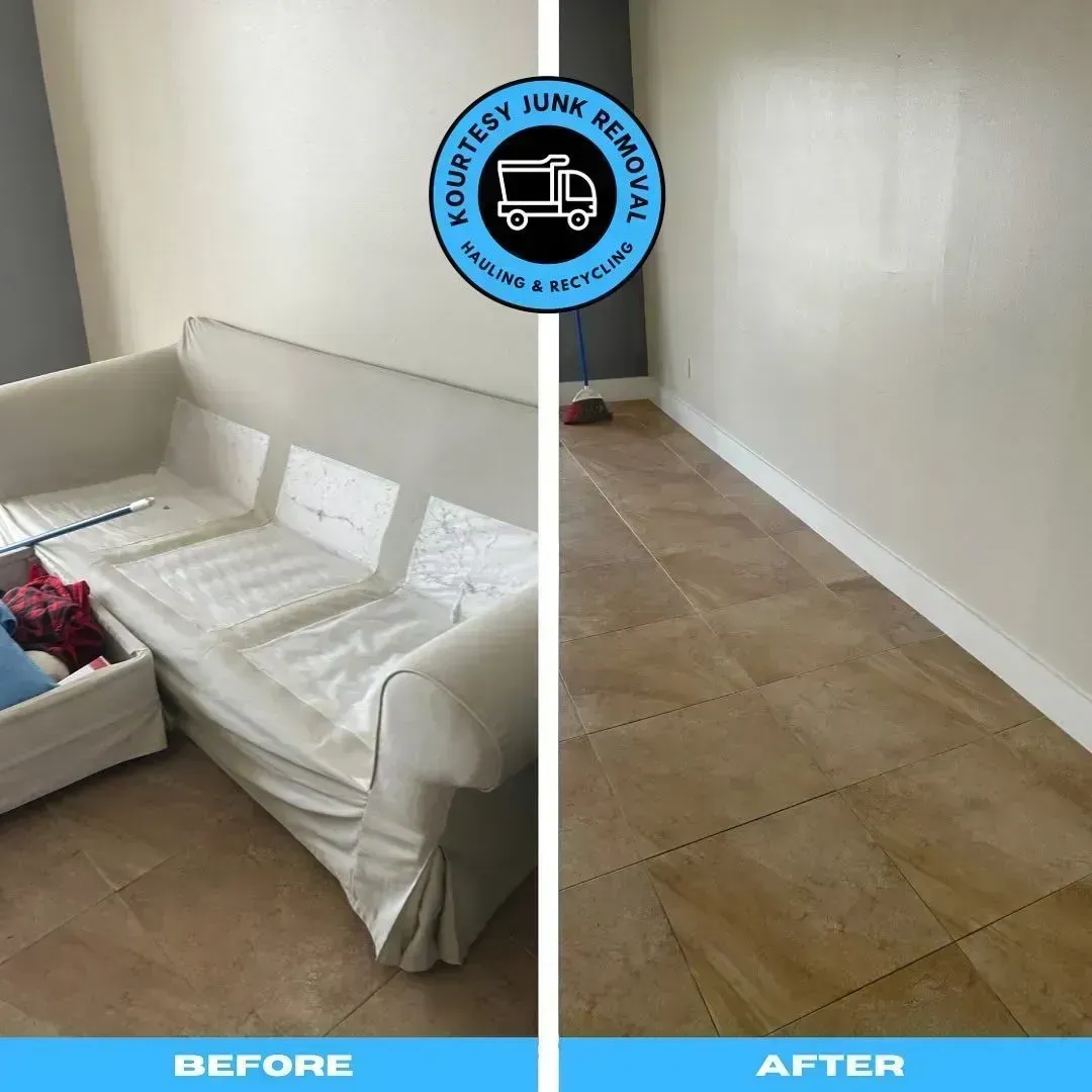 Before and after of a room; a white couch is removed, revealing a tiled floor and white wall.