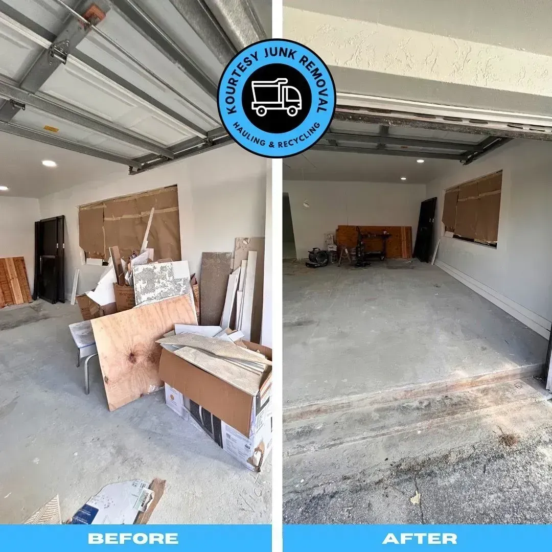 Before and after of a garage: before shows piles of debris, after is empty and clean.