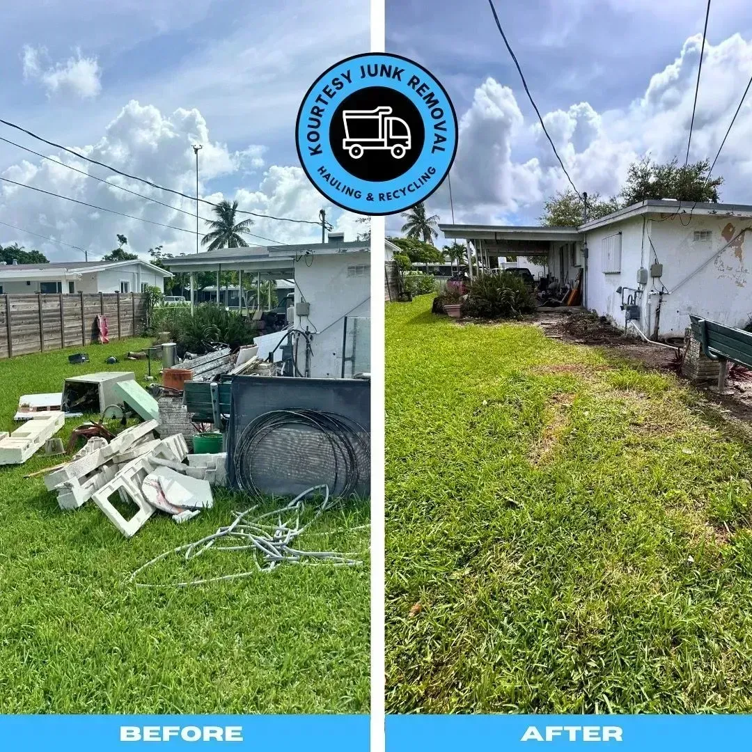 Before and after photos of a yard. Left: littered yard. Right: cleaned yard. 