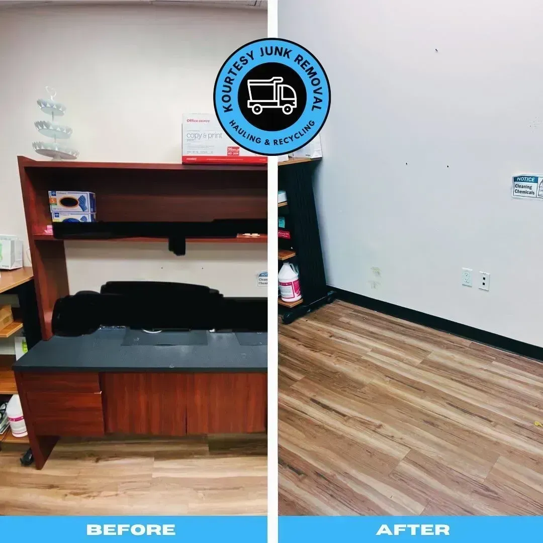 Before-and-after of an office. A desk with shelves is removed, leaving a clean wall and floor.