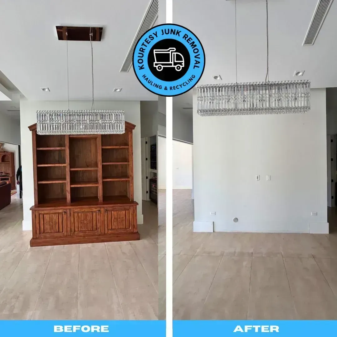 Before & after photo: room with bookcase removed; white walls, pendant lights, wooden floor.