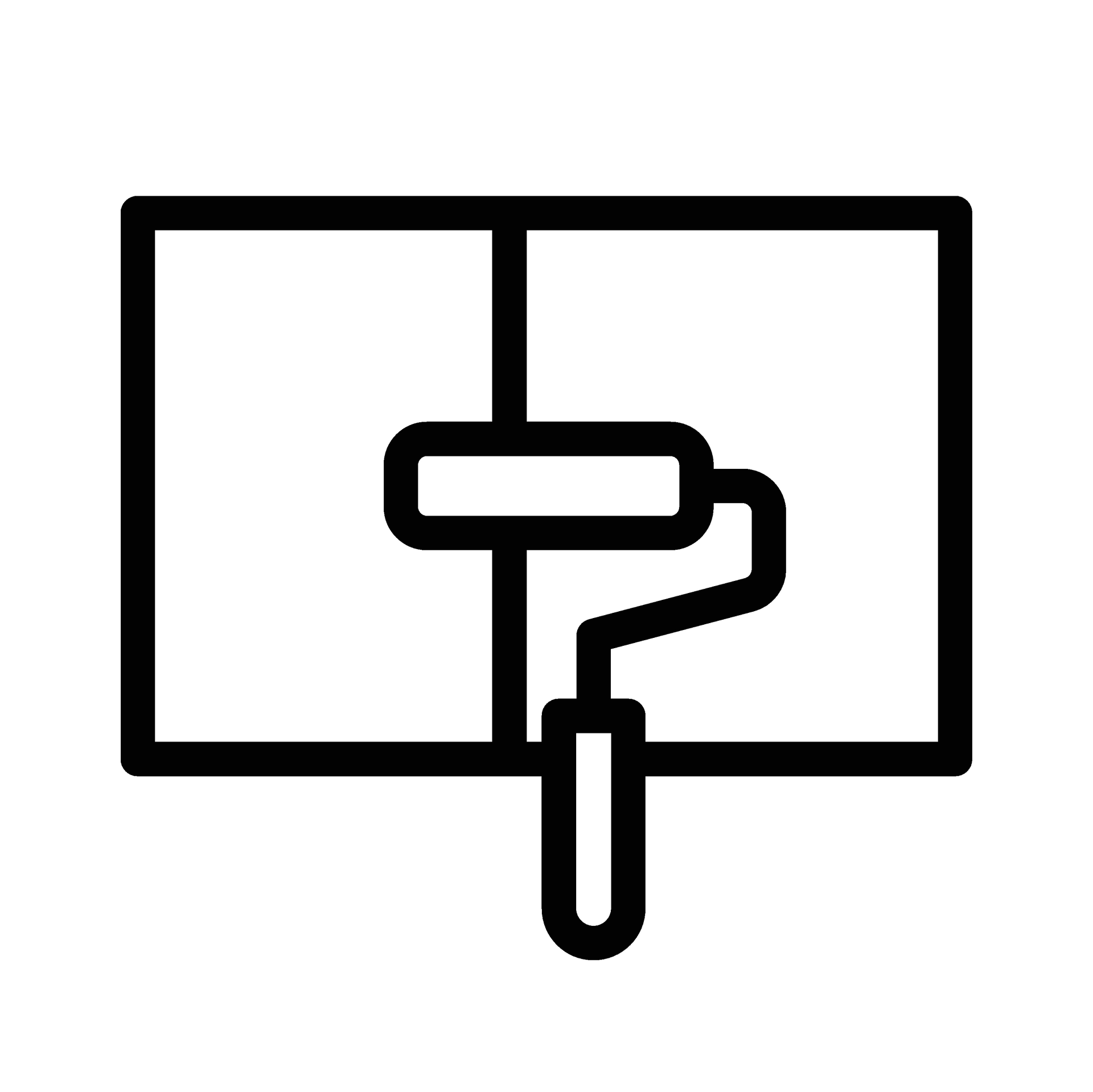 A black and white icon of a window with a paint roller.