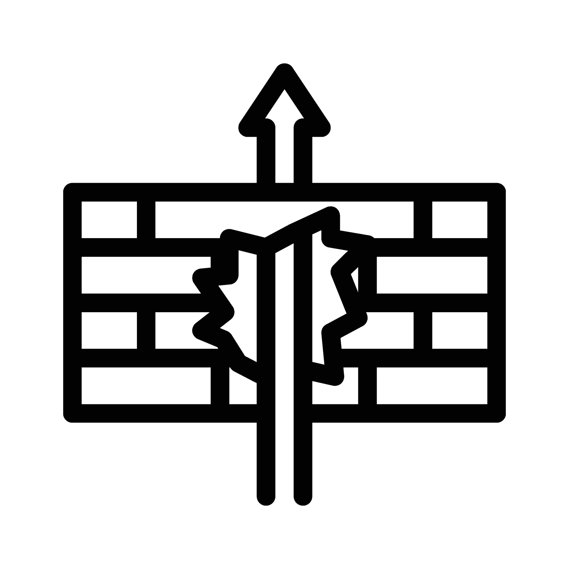 A black and white icon of a brick wall with an arrow pointing up.