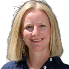 Portrait of a smiling person with shoulder-length blonde hair, wearing a dark shirt, against a white background