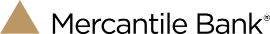 A logo for mercantile bank with a gold triangle on a white background