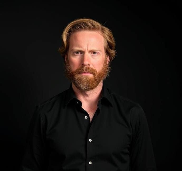 Man with red hair and beard in black shirt, looking serious against a dark background.