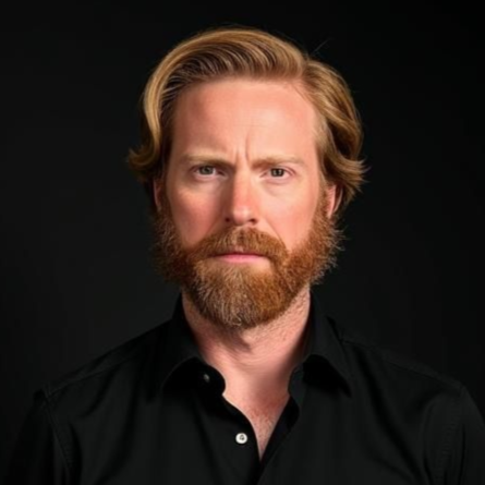 Man with red beard and hair, wearing a black shirt, staring directly at the camera.