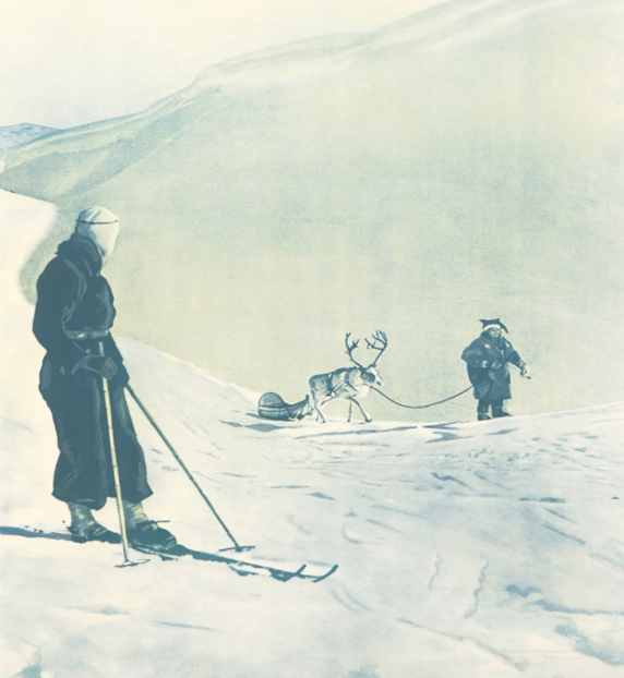 Skier observing sled being pulled by a fox and a man in snowy terrain.