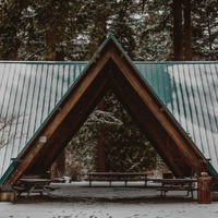 A wooden pavilion with a green roof in the middle of a snowy forest.