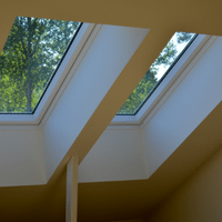 Two skylights in a room with trees in the background