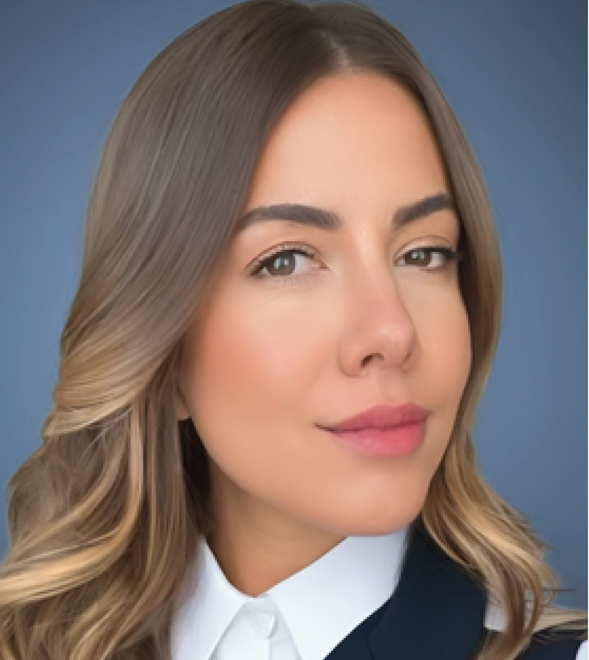 A close up of a woman 's face with a blue background