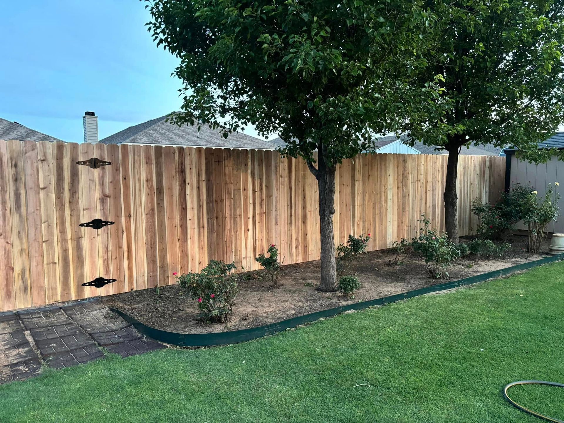 Wooden fence with gate and trees in a backyard with green grass and landscaping.