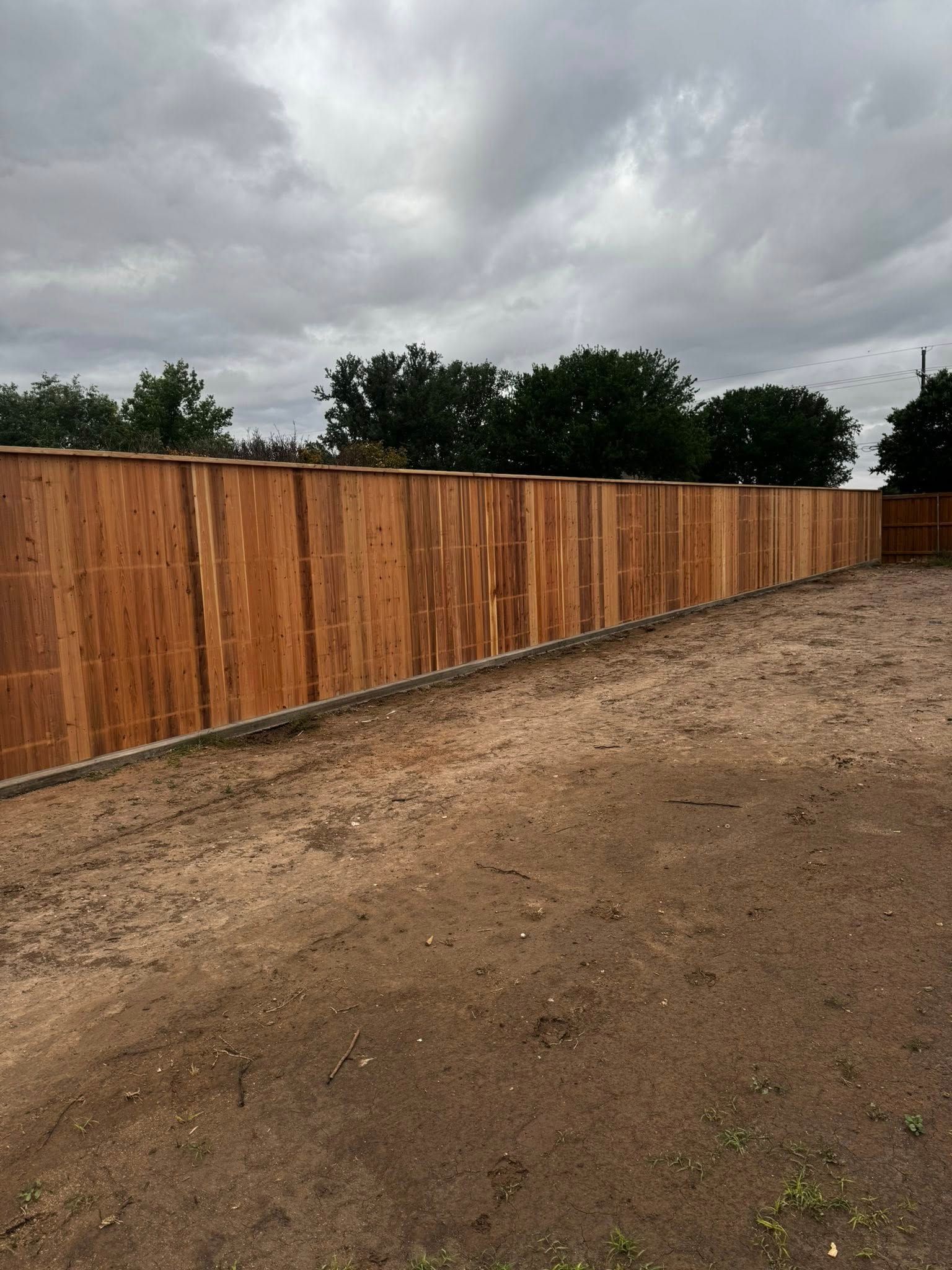 Wooden fence in a backyard on a cloudy day.