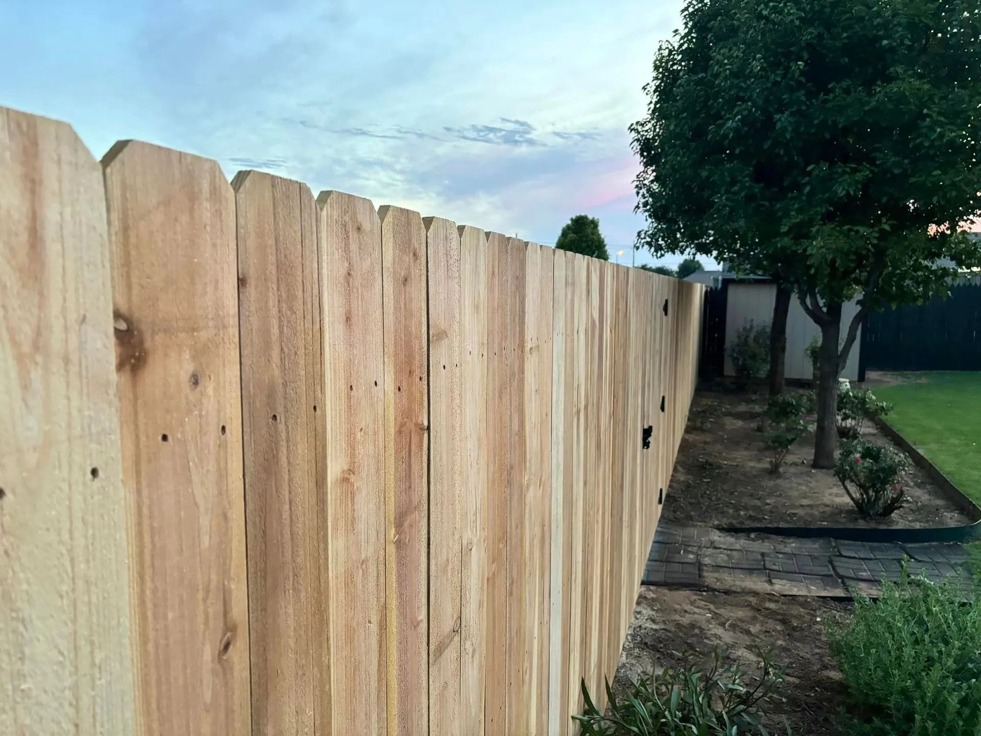 Wooden fence in a backyard, extending towards a tree and a shed, under a cloudy sky.