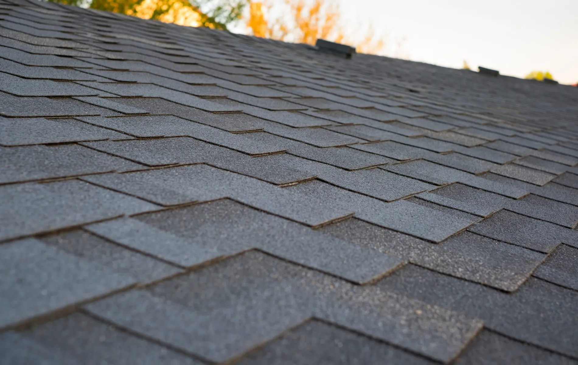 Close-up of a gray asphalt shingle roof, showing the layered, overlapping design of the shingles in daylight.