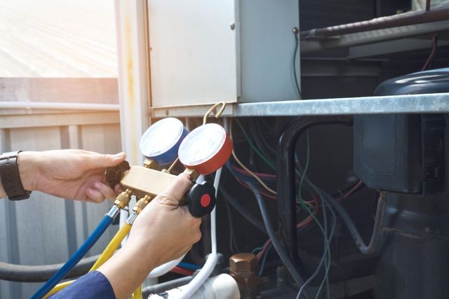 Person attaching gauges to an HVAC unit, blue and red gauges visible.