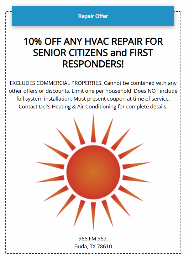 HVAC repair offer: 10% off for seniors and first responders. Includes an image of the sun, and contact info.