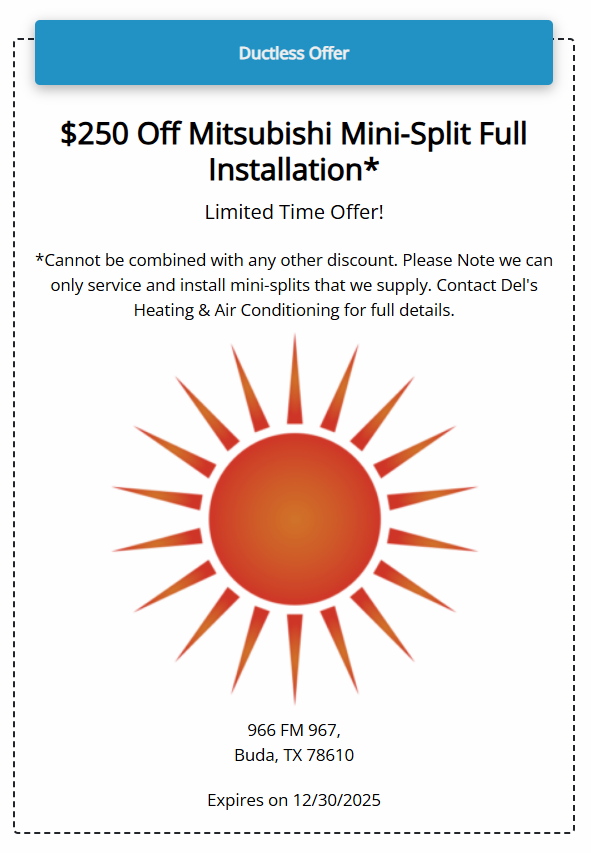 Advertisement for $250 off Mitsubishi Mini-Split installation. Includes a sun graphic, company address, and expiration date.