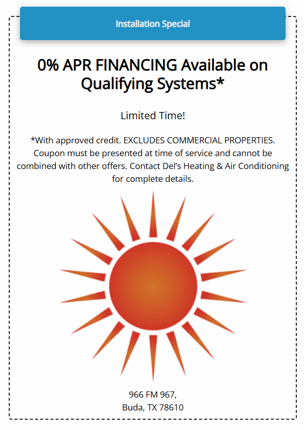 Advertisement for 0% APR financing on qualifying HVAC systems. Features a sun graphic.