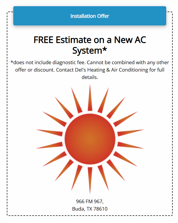 Advertisement for a free estimate on a new AC system from Del's Heating & Air Conditioning