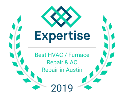 Expertise award for best HVAC repair in Austin, 2019. Teal wreath, interlocking diamonds, dark blue text.