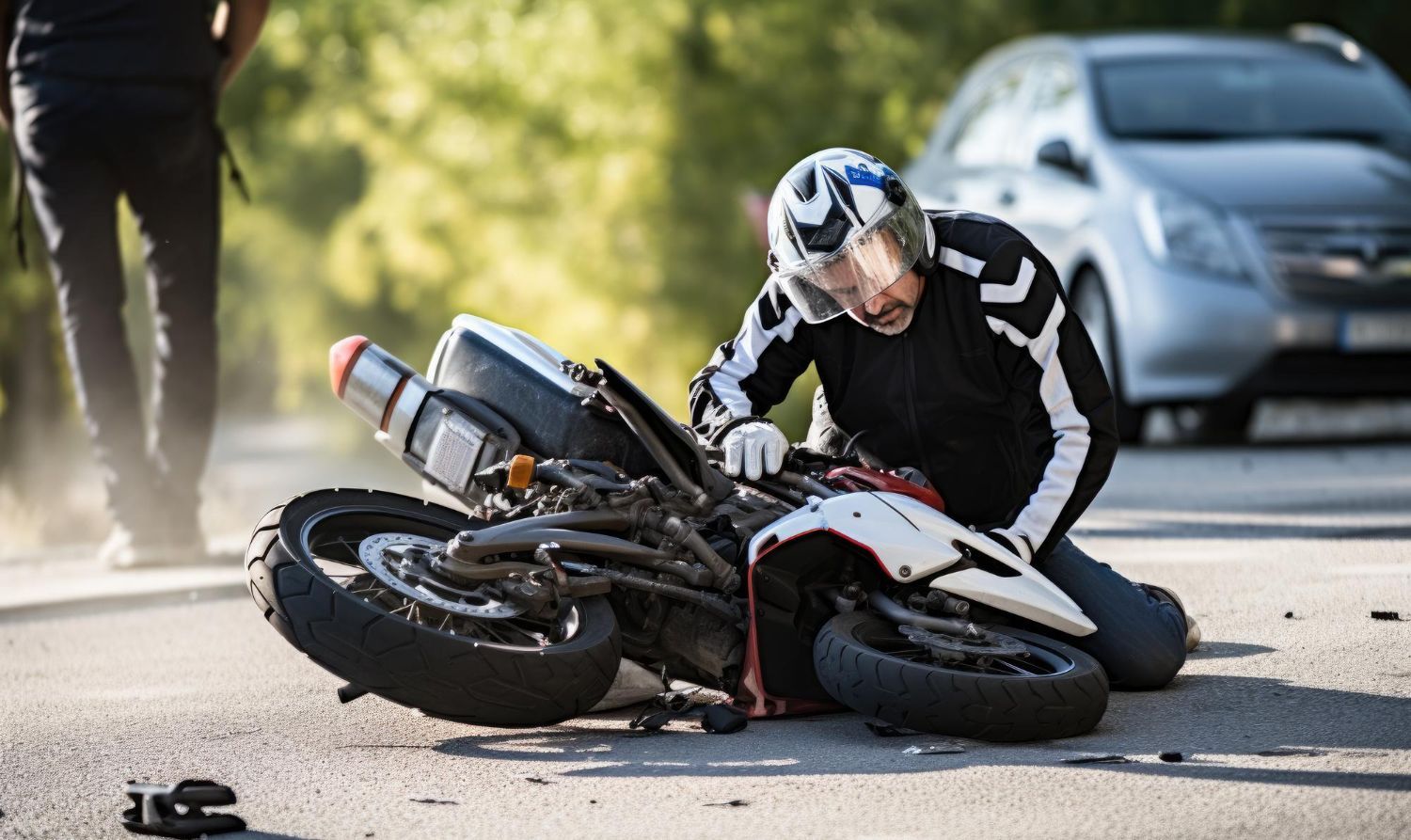 Motorcyclist kneels beside a fallen motorcycle on a road, examining it after a crash.